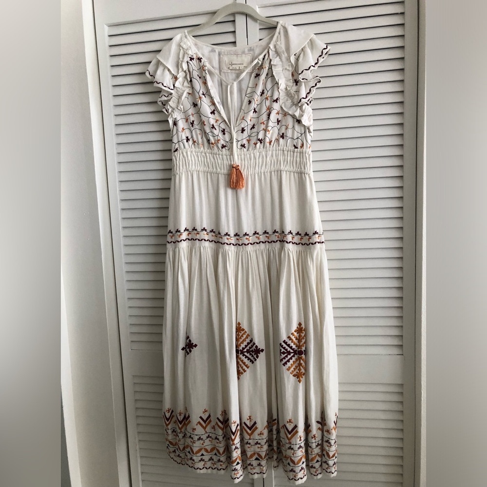 Anthropologie Boho long embroidered cream beige dress- small